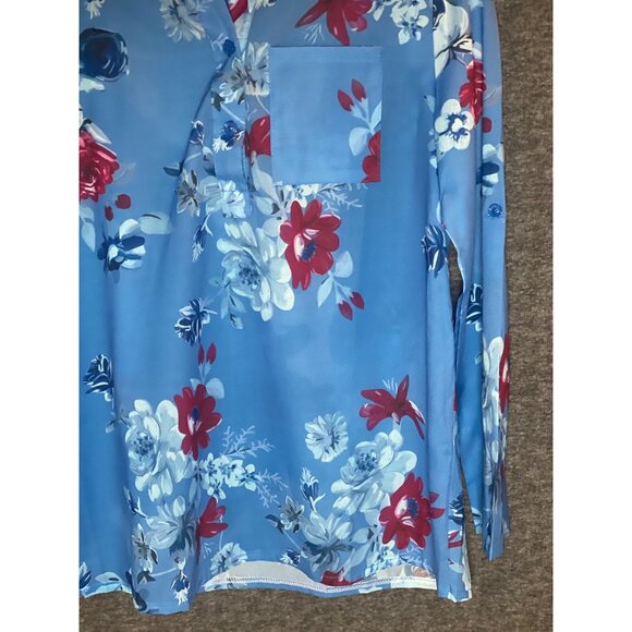 Floral Blue Half Button Roll Tab Sleeve Top Women  XXL - Picture 4 of 9